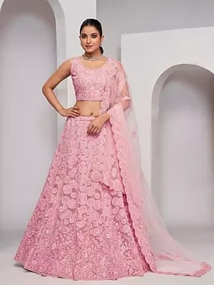 Floral Pattern Thread And Sequins Work Elegant Lehenga Choli With Soft Net Dupatta