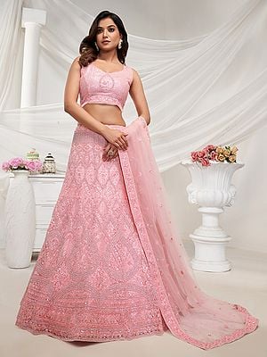 Light-Rose Floral Art Nouveau Patterned Sequins Embellishments Bridal Lehenga With Soft Net Dupatta