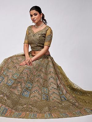 Peacock And Paisley Motifs Zari Work Bridal Lehenga Choli With Soft Net Dupatta For Wedding Occasion