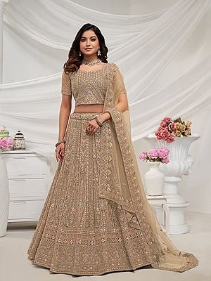 Golden Paisley Pattern Intricate Sequin And Zari Work Bridal Lehenga Choli With Soft Net Dupatta For Wedding Occasion