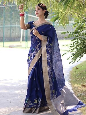 Floral And Bird Motif Border Saree In Cotton Silk With Tassels Pallu