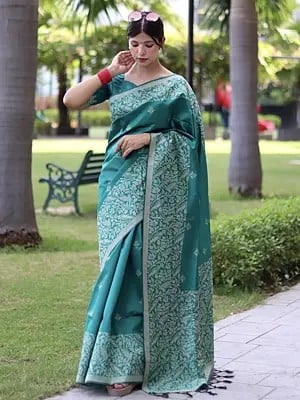 Broad Border In Floral Pattern Handloom Raw Silk Saree With Tassels Pallu