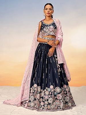 Ebony-Clay Satin Sequins And Thread Embroidery Work Lehenga Choli With Tassels & Attractive Organza Dupatta