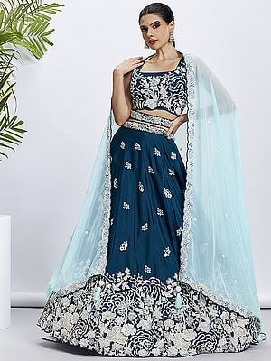 Poly Georgette Sequins And Thread Embroidery Lehenga Choli With Organza Dupatta