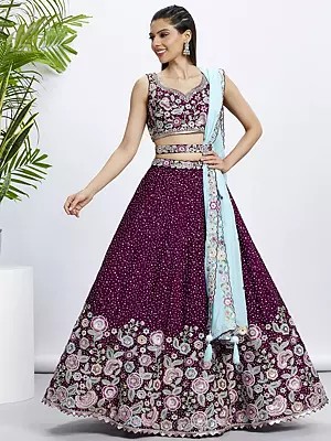 Mulberry-Wood Pure Chiffon Sequins And Thread Floral Embroidery Work Lehenga Choli With Designer Organza Tassels Dupatta