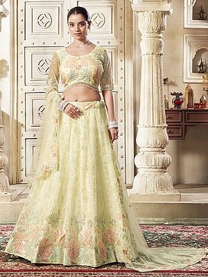 Light-Yellow Premium Net Lehenga Choli And Dupatta With Pearl, Diamond Lace And Sequins Work