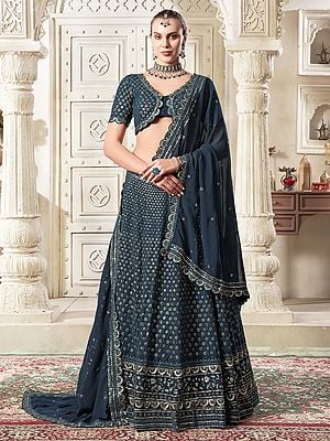 Limed-Spruce Premium Georgette Lehenga Choli And Dupatta With Sequins And Thread Work