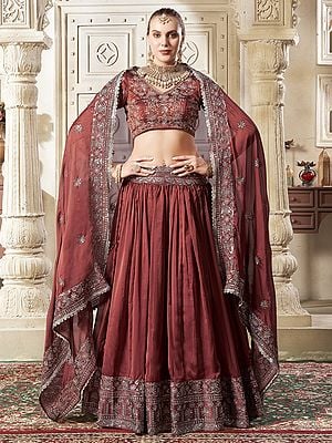 Sanguine-Brown Premium Sequence Rangoli Silk Lehenga Choli And Dupatta For Bridal