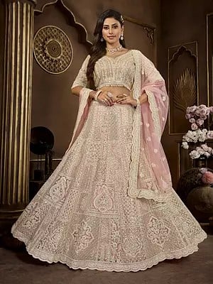 Light-Peach All Over Heavy Zarkan Coding Premium Net Lehenga Choli And Dupatta With 14 Kali