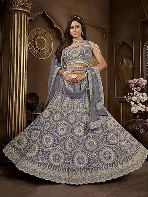 Slate-Grey 12 Kali Bridal Lehenga Choli And Dupatta With Premium Net Heavy Pearl