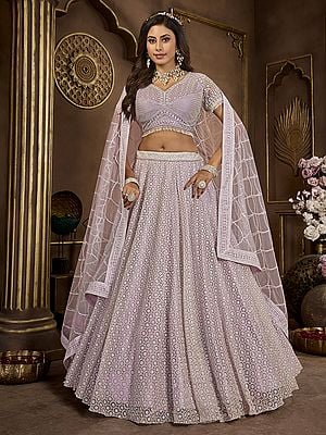 Light-Purple Big Flare Lehenga Choli And Dupatta In Premium Net With Sequence