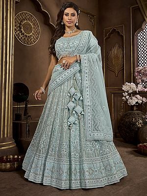 Cyan-Opaque 20 Kali Designer Lehenga Choli And Dupatta With Premium Net, Zarkan Work And Broad Border