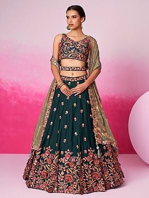 Poly Chiffon Sequins Floral Embroidery Work Lehenga Choli With Designer Silk Tassels Dupatta