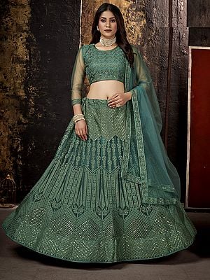 Net Sequins Embroidered Embellished Lehenga Choli With Matching Dupatta For Wedding Occasion