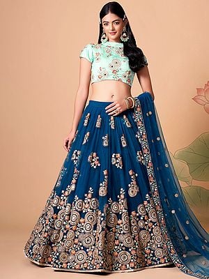 Soft Net Zari And Sequins-Thread Embroidery With Mirror Work Lehenga Choli With Designer Dupatta