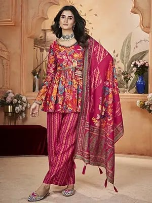 Multicolor Digital Print and Foil Work Party Wear Designer Silk Salwar Suit with Paisleys Printed Tassels Dupatta