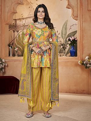 Digital Floral Print and Foil Work Designer Multicolor Silk Salwar Suit with Paisleys Printed Tassels Dupatta