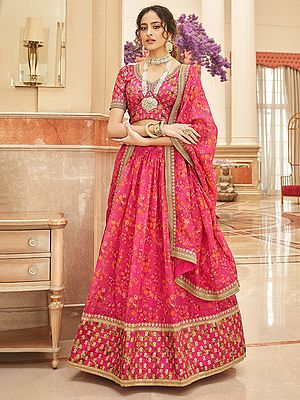 Organza Zari And Thread-Sequins Embroidery Work Floral Lehenga Choli With Matching Dupatta