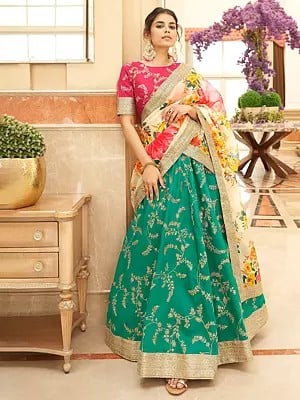 Art Silk Zari And Thread-Sequins Embroidery Work Traditional Lehenga Choli With Organza Floral Dupatta