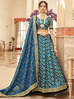 Art Silk Zari And Thread-Sequins Embroidery Work Wedding Wear Lehenga Choli With Floral Dupatta