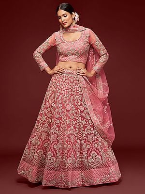 Soft Net Thread-Zari And Glitter Embroidery Work Wedding Wear Lehenga Choli With Attractive Dupatta