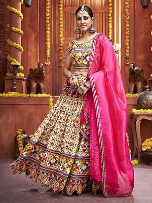 Multicolor Mix Cotton Silk Gamthi Print And Mirror Work Festival Wear Lehenga Choli With Art Silk Dupatta