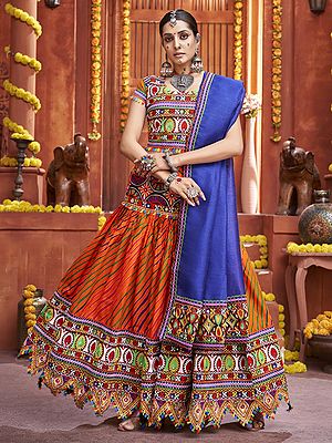 Multicolor Mix Cotton Silk Gamthi Print And Mirror Work Traditional Lehenga Choli With Art Silk Dupatta