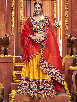 Yellow Mix Cotton Silk Gamthi Print And Mirror Work Festival Wear Lehenga Choli With Art Silk Dupatta