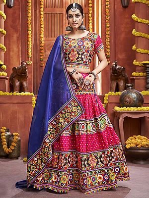 Multicolor Mix Cotton Silk Gamthi Print And Mirror Work Festival Wear Lehenga Choli With Art Silk Dupatta