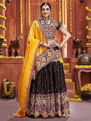 Mix Cotton Silk Gamthi Print And Mirror Work Festival Wear Lehenga Choli With Art Silk Dupatta