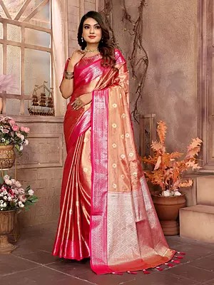 Stunning Tissue Silk Contrast Weaving Work Festive Wear Saree With Tassels Pallu