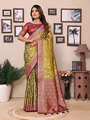 Floral Motifs Elegant Tissue Silk Festive Wear Saree With Contrast Tassels Pallu