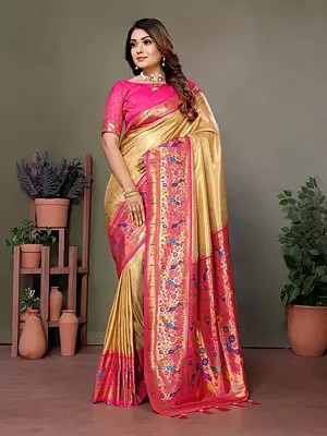 Tissue Silk Elegant Weaving Work Broad Border Saree With Contrast Tassels Pallu