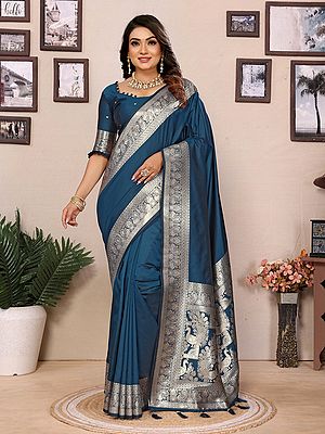Elegant Soft Lichi Silk Weaving Work Border Saree With Peacock Motifs Pallu