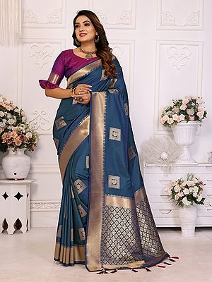 Soft Lichi Silk Weaving Work Contrast Border Festive Wear Saree With Tassel Pallu