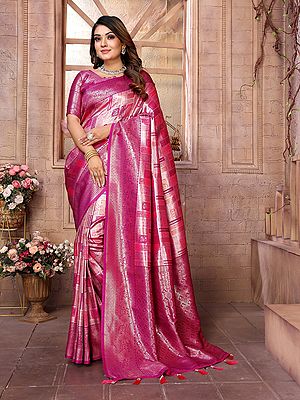 Stunning Floral Broad Border Weaving Work Soft Lichi Silk Saree With Contrast Tassel Pallu