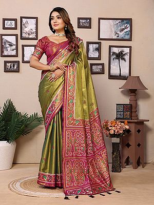 Attractive Tissue Silk Floral Festive Wear Saree With Contrast Tassels Pallu
