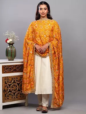 Bandhani Tie-Dye Gharchola Dupatta with Sequins-Zari Embroidery and Scalloped Border
