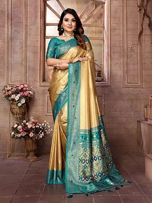 Stunning Floral Weaving Work Tissue Silk Saree With Contrast Tassels Pallu