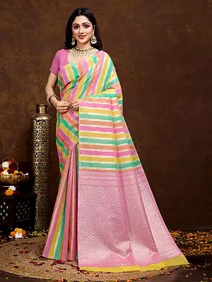Cotton Silk Stunning Stripe Pattern Festive Wear Saree With Woven Tassels Pallu