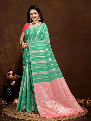 Cotton Silk Designer Stripe Pattern All Over Party Wear Saree With Woven Pallu