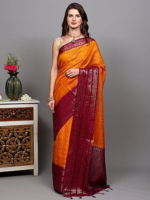Temple Border Banarasi Saree with All-Over Stripes Weave and Zari work Wide Border-Anchal