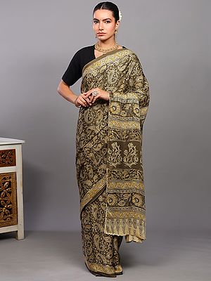 Dried-Herb Silk Saree from Telangana with All-Over Printed Paisleys Vines