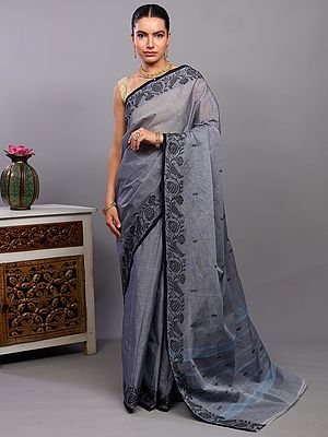 Oxford-Gray Chettinad Cotton Saree from Kumbakonam with Woven Peacocks-Floral Vine Border and Stripes Pallu