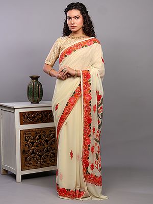Transparent-Yellow Georgette Kashmiri Saree with Multicolored Aari Embroidered Flowers