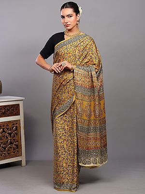 Ceylon-Yellow Kalamkari Saree from Telangana with Block Printed Floral Jaal