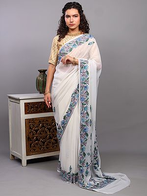 Lucent-White Georgette Saree with Aari Embroidered Floral Motifs from Kashmir