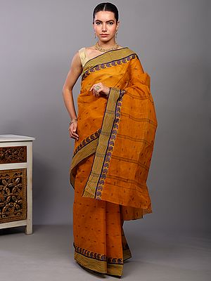 Dark-Cheddar Bootis Woven Cotton Saree with Stripes and Paisleys Border