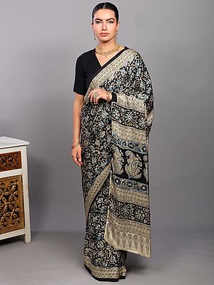Black-Onyx Kalamkari Silk Saree with Block Printed Floral Vines from Telangana