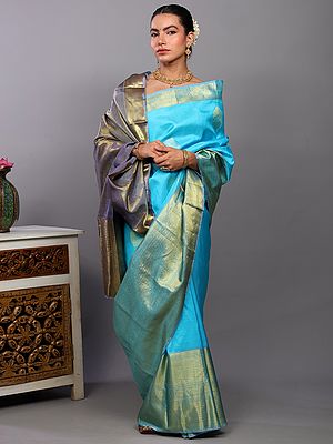 Bachelor-Blue Pure Silk Kanjivaram Handloom Saree with Zari woven Floral Bootis and Extra Wide Chevron Border from Bangalore